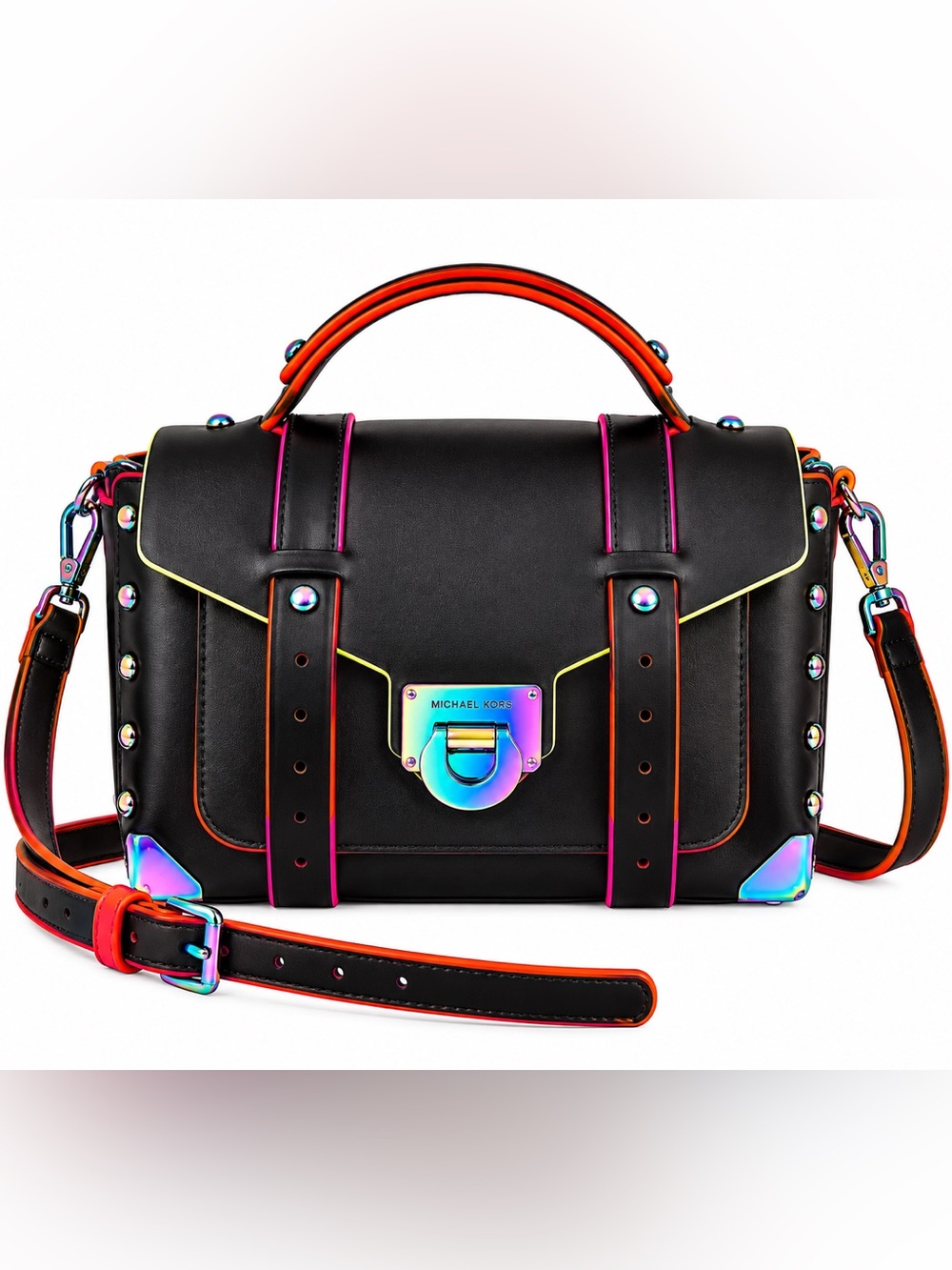 Michael Kors Black Satchel with Neon Trim and Iridescent Hardware still